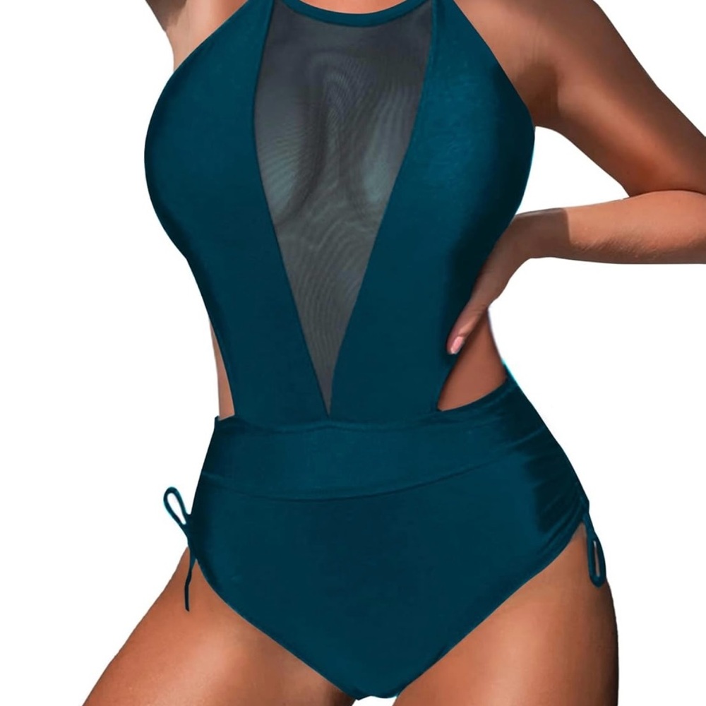 AI'MAGE One Piece Mesh HighNeck Halter Monokinis Swimwear Drawstring Side